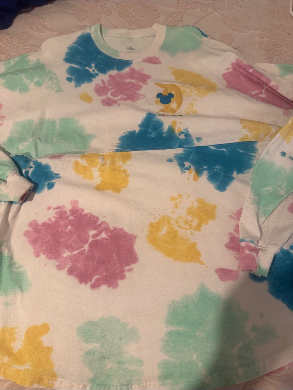 Disney Pastel Tie-Dye Crewneck Sweatshirt in White, Mint, Pink, Yellow